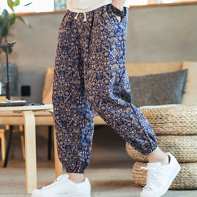 Buddha Stones Golden Mandala Pattern Cotton Linen Drawstring Men's Harem Pants With Pockets Men's Harem Pants BS DarkBlue US/UK/AU46,EU56 (5XL)