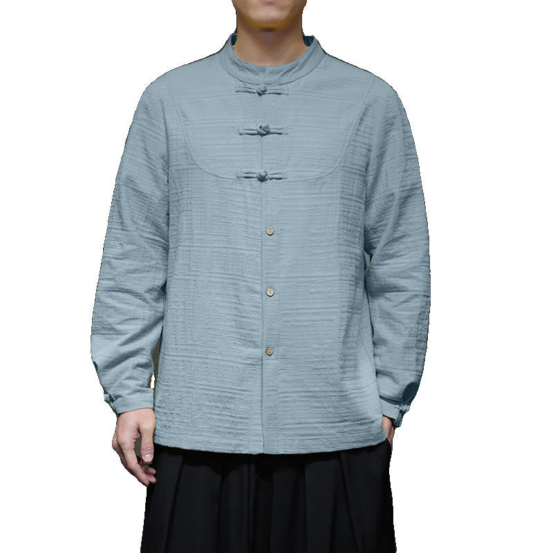 Chemise veste pour homme Foviel de style Tang, couleur unie, demi-boutons brandebourgs, en coton et lin