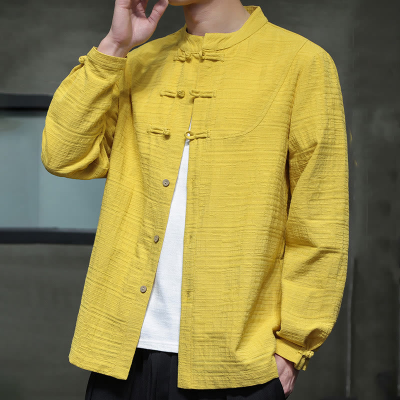Chemise veste pour homme Foviel de style Tang, couleur unie, demi-boutons brandebourgs, en coton et lin