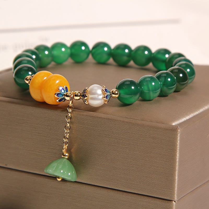 Buddha Stones Green Agate Amber Pearl Lotus Pod Support Bracelet Bracelet BS 2