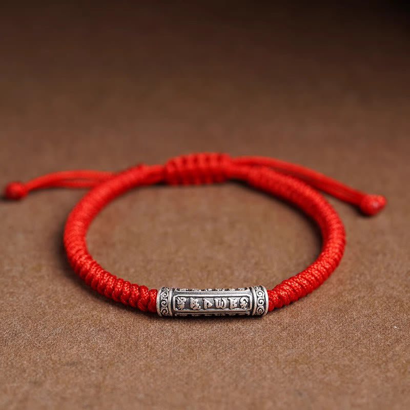 Buddha Stones Handmade 999 Sterling Silver Peace and Good Fortune Om Mani Padme Hum Luck Rope Bracelet Bracelet BS Red(Wrist Circumference 14-20cm) Om Mani Padme Hum