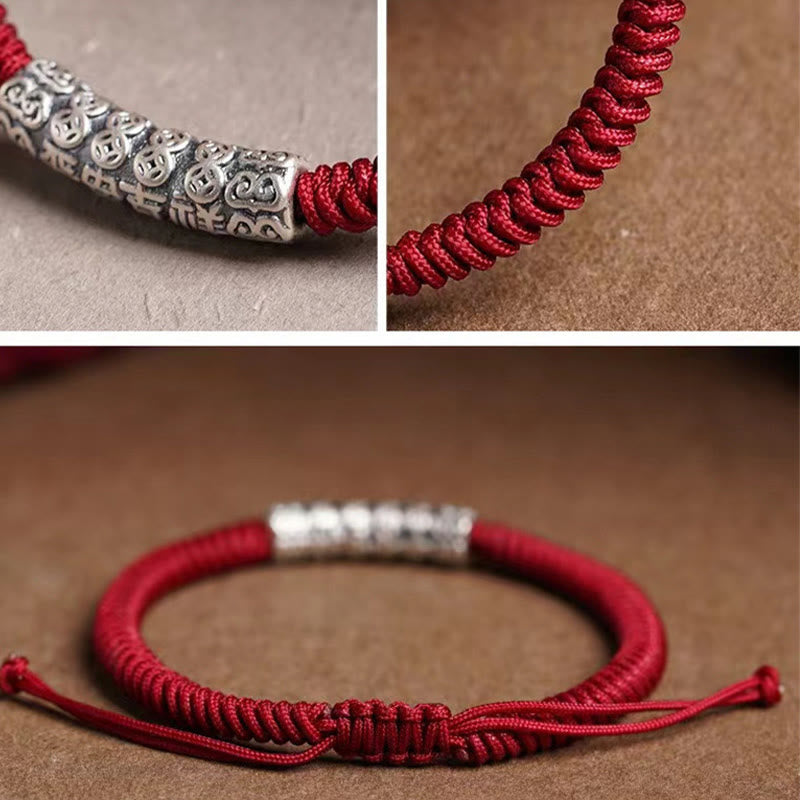 Buddha Stones Handmade 999 Sterling Silver Peace and Good Fortune Om Mani Padme Hum Luck Rope Bracelet Bracelet BS 13