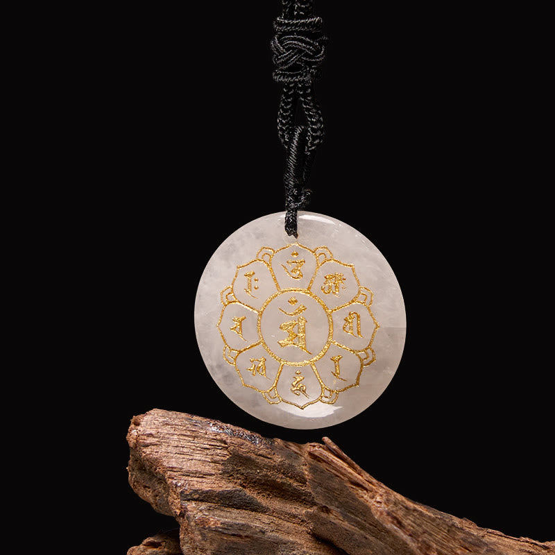 Pendentif collier de force en obsidienne noire avec divers cristaux naturels Foviel Om Mani Padme Hum