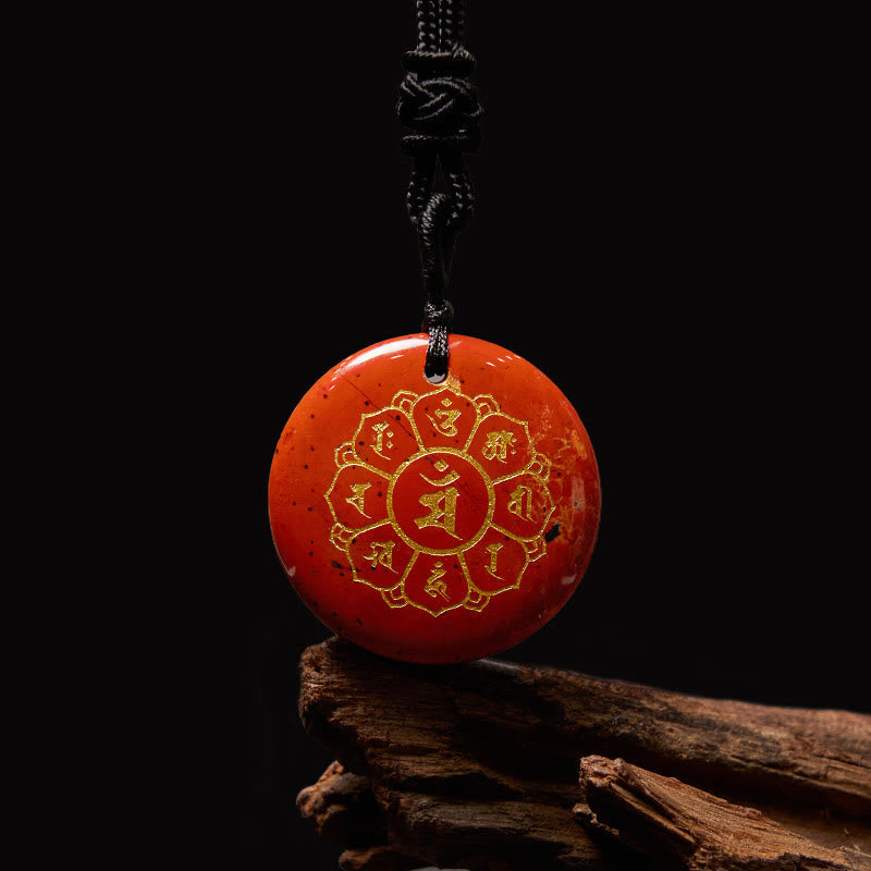 Pendentif collier de force en obsidienne noire avec divers cristaux naturels Foviel Om Mani Padme Hum