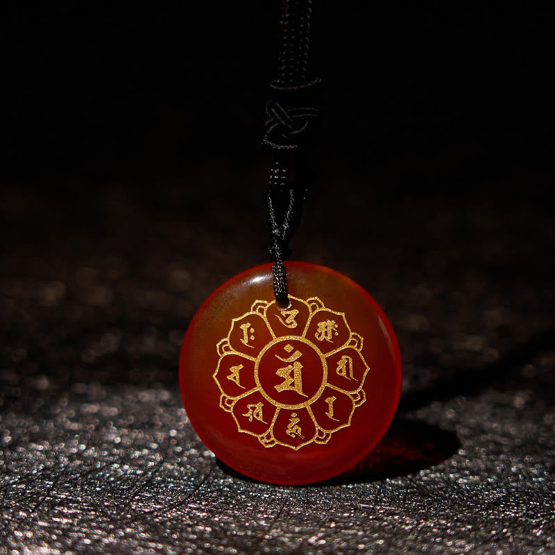 Pendentif collier de force en obsidienne noire avec divers cristaux naturels Foviel Om Mani Padme Hum