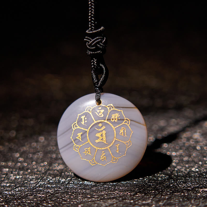 Pendentif collier de force en obsidienne noire avec divers cristaux naturels Foviel Om Mani Padme Hum