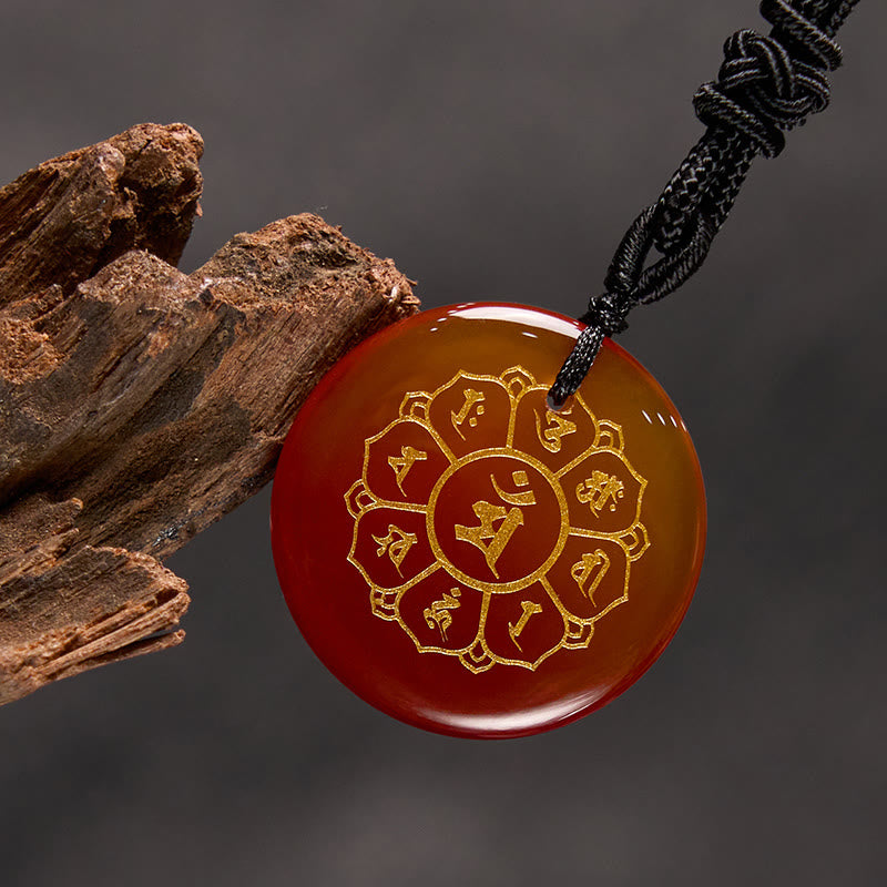 Pendentif collier de force en obsidienne noire avec divers cristaux naturels Foviel Om Mani Padme Hum