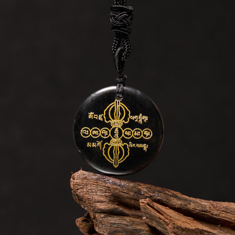 Foviel Vajra Dorje Sanskrit Pattern Natural Various Crystal Black Obsidian Fulfilment Necklace Pendant