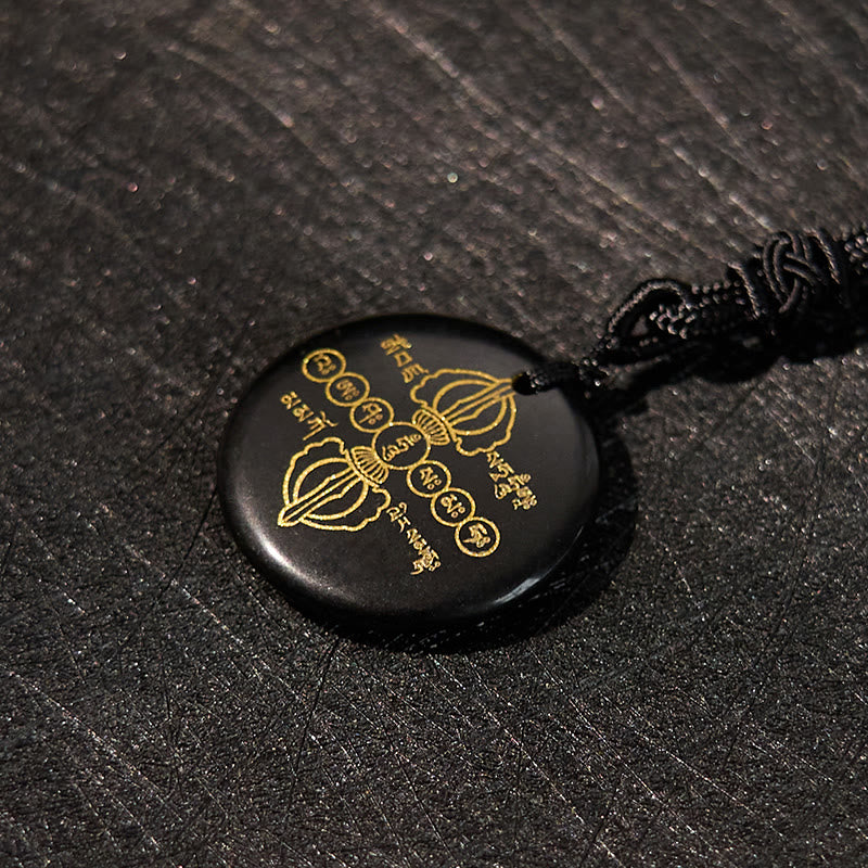 Foviel Vajra Dorje Sanskrit Pattern Natural Various Crystal Black Obsidian Fulfilment Necklace Pendant