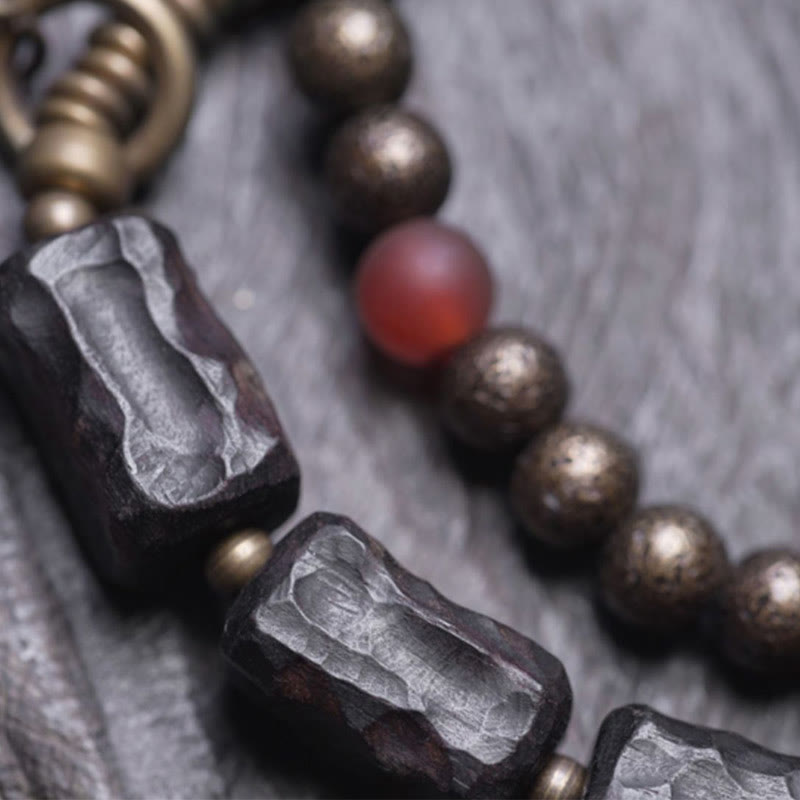 Buddha Stones Ebony Wood Copper Brass Red Agate Peace Double Wrap Bracelet Bracelet BS 12