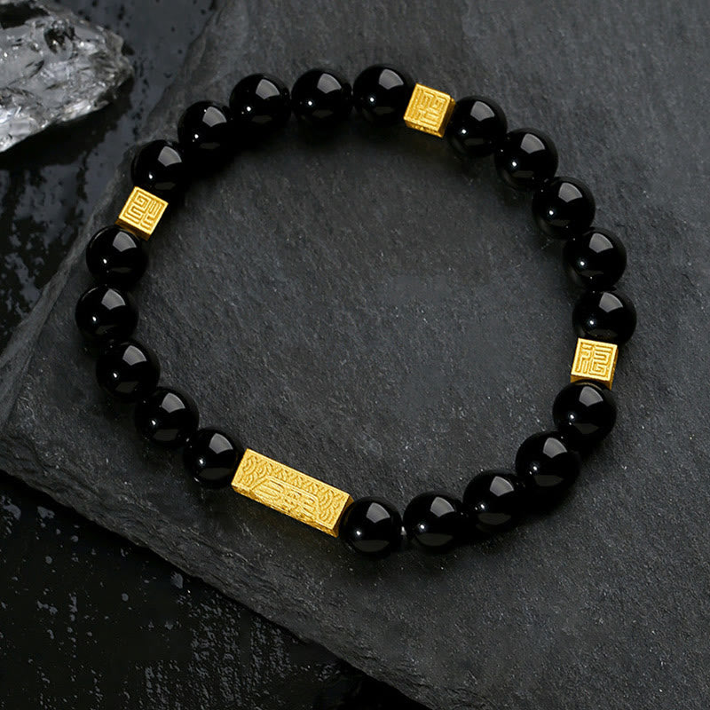 Buddha Stones Black Obsidian 925 Sterling Silver Fu Character Cube Strength Bracelet Bracelet BS Black Obsidian 925 Sterling Golden Silver(Wrist Circumference: 17-19cm)