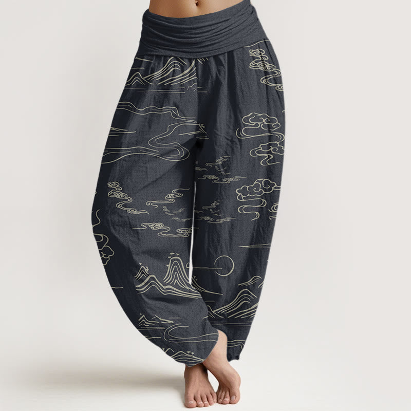 Buddha Stones Cotton Mountain Moon Auspicious Clouds Pattern Women's Elastic Waist Harem Pants - LightSlateGray - US22,UK/AU26,EU54 (6XL) - image 0