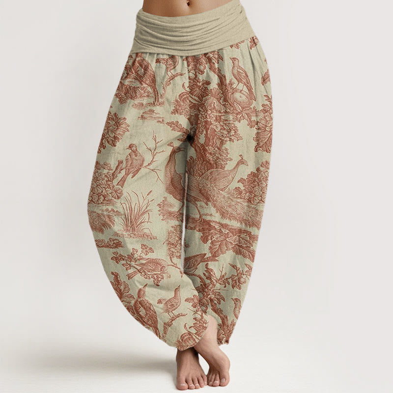 Buddha Stones Cotton Birds Trees Branches Pattern Women's Elastic Waist Harem Pants - PaleGoldenrod - US22,UK/AU26,EU54 (6XL) - image 0