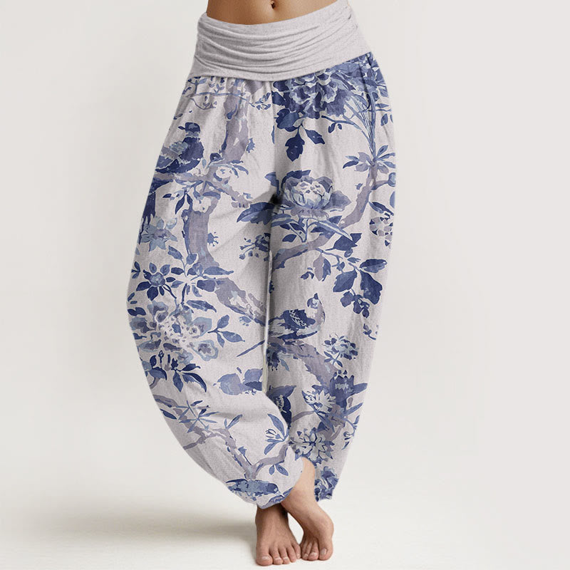 Buddha Stones Cotton Birds Branches Flowers Pattern Women's Elastic Waist Harem Pants - Gainsboro - US22,UK/AU26,EU54 (6XL) - image 5