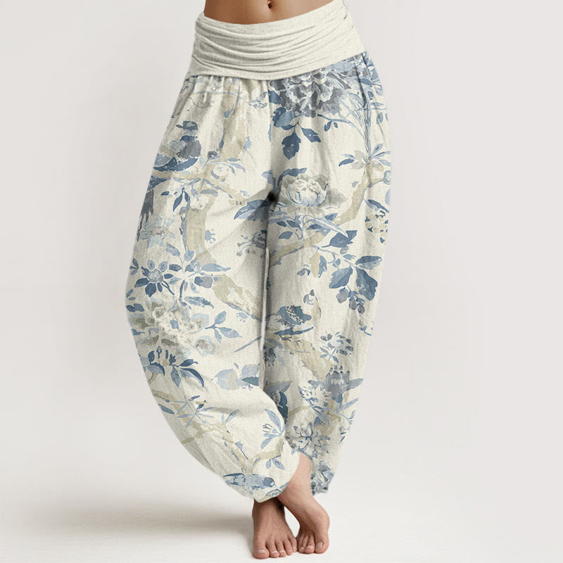 Buddha Stones Cotton Birds Branches Flowers Pattern Women's Elastic Waist Harem Pants - Beige - US22,UK/AU26,EU54 (6XL) - image 0