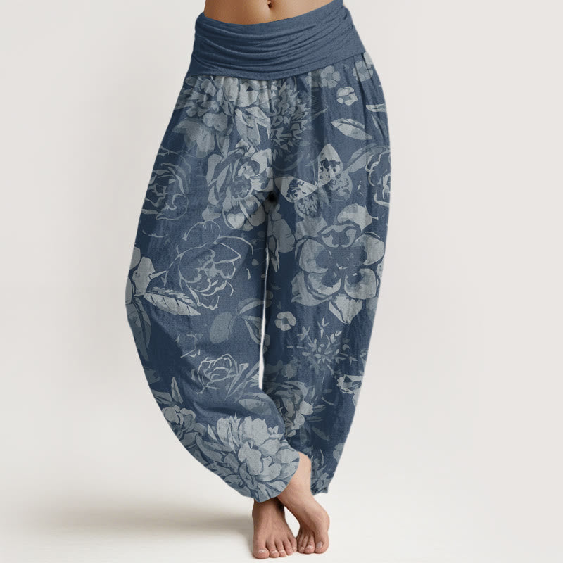 Buddha Stones Casual Peony Flowers Leaves Women's Elastic Waist Harem Pants - SkyBlue - US22,UK/AU26,EU54 (6XL) - image 8