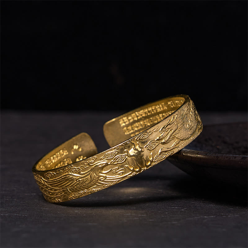 Foviel Dragon And Phoenix Playing With A Pearl Heart Sutra Carved Copper Brass Luck Bracelet Bangle