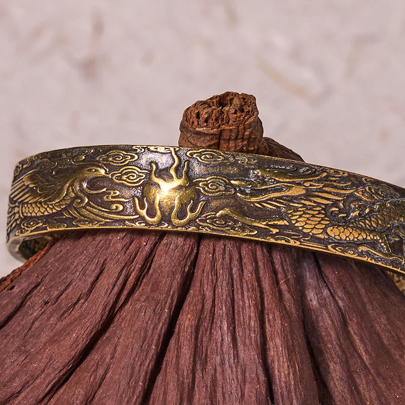 Foviel Drache und Phoenix spielen mit einem Perle Herz Sutra geschnitzt Kupfer Messing Glück Armband Armreif