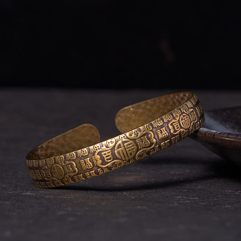 Foviel Hundred Blessings Fu Character Copper Brass Luck Bracelet Bangle