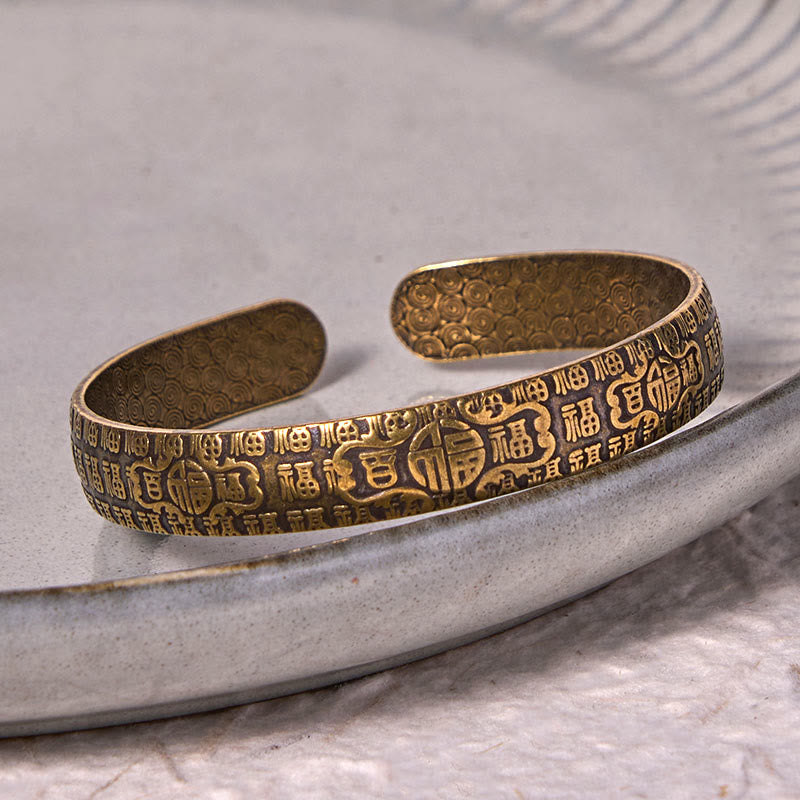 Foviel Hundred Blessings Fu Character Copper Brass Luck Bracelet Bangle