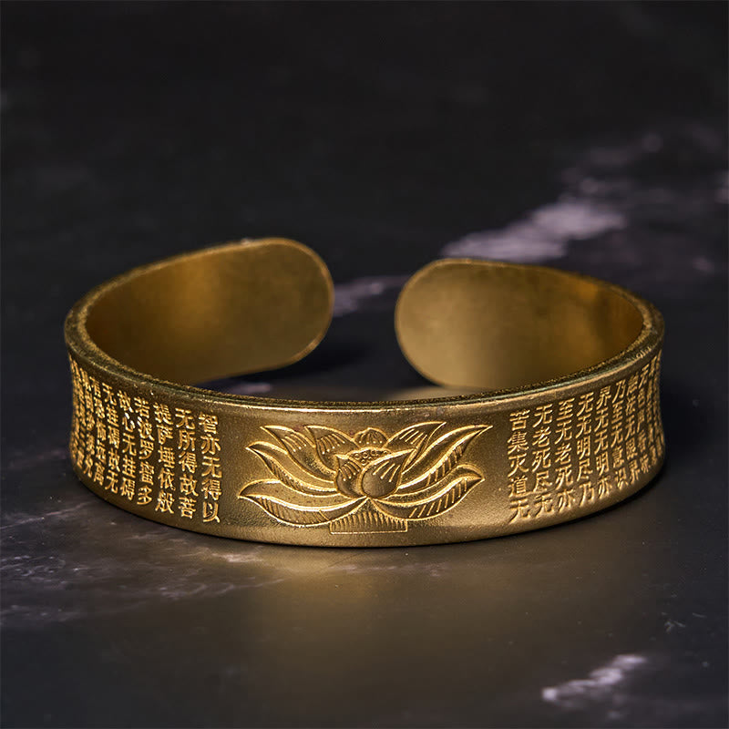 Bracelet manchette en cuivre et laiton avec motif de fleur de lotus et Sutra du Cœur Foviel