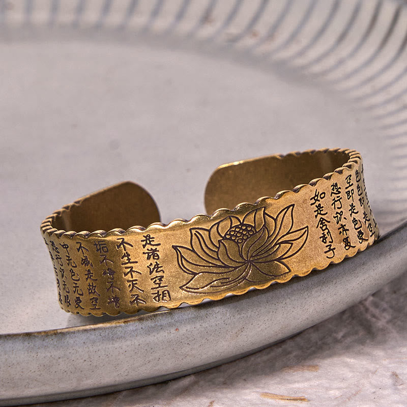 Foviel Heart Sutra Lotus Flower Copper Brass Peace Enlightenment Cuff Bracelet Bangle