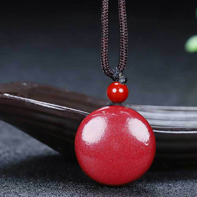 Foviel Natural Cinnabar Yin Yang Design Braided String Blessing Necklace Pendant