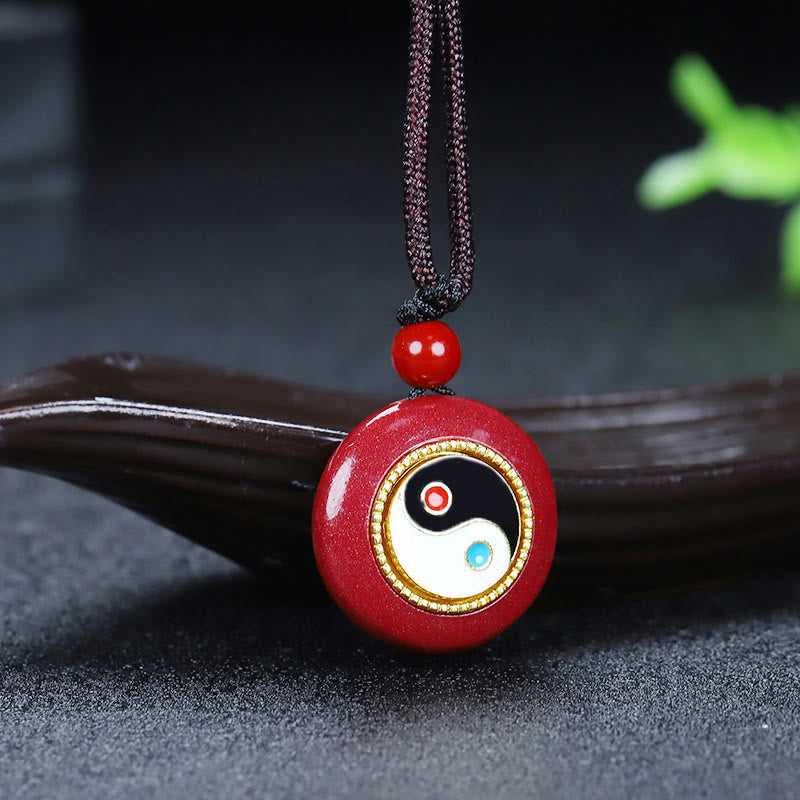 Foviel Natural Cinnabar Yin Yang Design Braided String Blessing Necklace Pendant