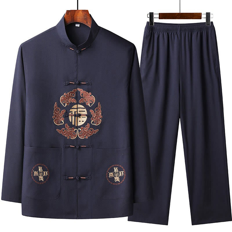 Buddha Stones Chinese New Year Embroidered Fu Tang Suit Hanfu Long Sleeve Top Pants Clothing Men's Set - MidnightBlue - US/UK/AU44,EU54 (4XL) - image 2