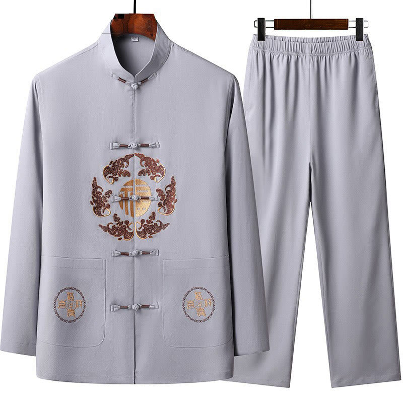 Buddha Stones Chinese New Year Embroidered Fu Tang Suit Hanfu Long Sleeve Top Pants Clothing Men's Set - Thistle - US/UK/AU44,EU54 (4XL) - image 1