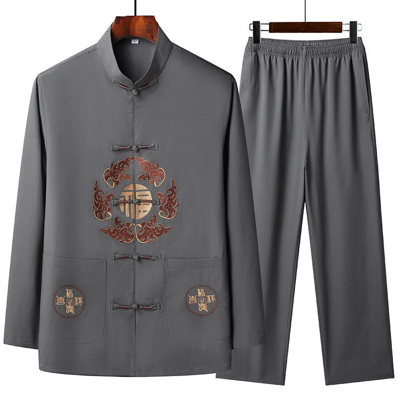 Buddha Stones Chinese New Year Embroidered Fu Tang Suit Hanfu Long Sleeve Top Pants Clothing Men's Set - DimGray - US/UK/AU44,EU54 (4XL) - image 4