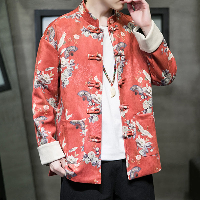 Buddha Stones Chinese New Year Clothes Flowers Fan Birds Frog-button Tang Suit Cotton Men's Jacket Shirt With Pockets - image 7