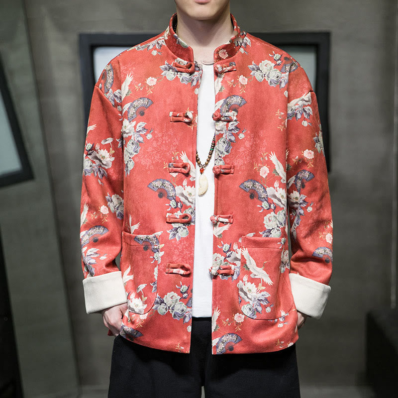 Buddha Stones Chinese New Year Clothes Flowers Fan Birds Frog-button Tang Suit Cotton Men's Jacket Shirt With Pockets - OrangeRed - US/UK/AU46,EU56 (5XL) - image 0