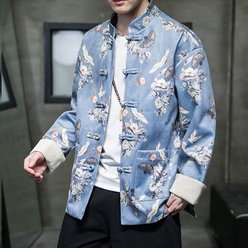 Buddha Stones Chinese New Year Clothes Flowers Fan Birds Frog-button Tang Suit Cotton Men's Jacket Shirt With Pockets - image 15