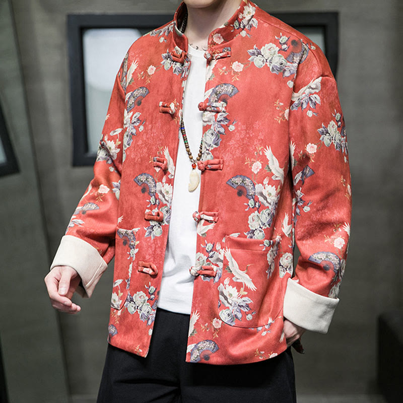 Buddha Stones Chinese New Year Clothes Flowers Fan Birds Frog-button Tang Suit Cotton Men's Jacket Shirt With Pockets - image 1