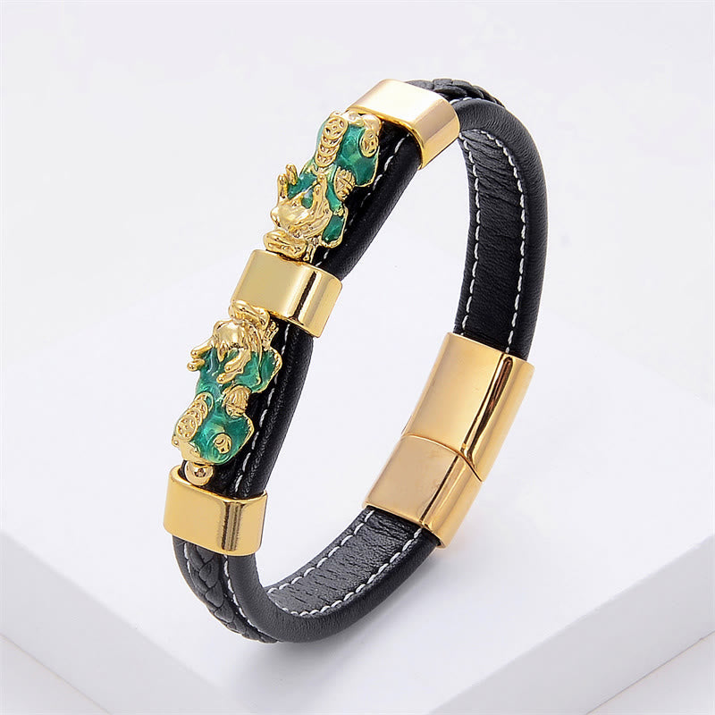 Buddha Stones Double PiXiu Wealth Luck Leather Magnetic Buckle Bracelet Bracelet BS Green PiXiu 18-22cm