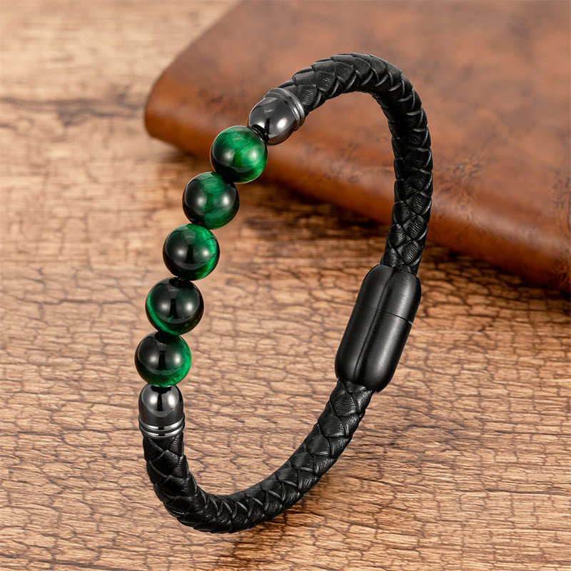 Buddha Stones Blue Agate Tiger Eye Lava Rock Black Onyx Lazurite Bead Protection Leather Bracelet - Green Tiger Eye - 18-22cm - image 9
