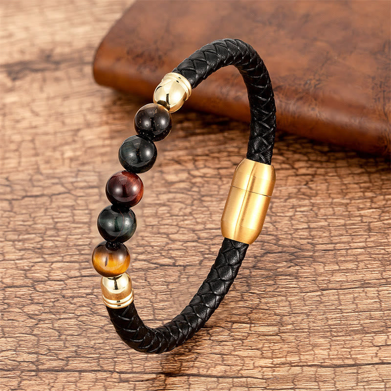 Buddha Stones Blue Agate Tiger Eye Lava Rock Black Onyx Lazurite Bead Protection Leather Bracelet - Red Black Tiger Eye - 18-22cm - image 21