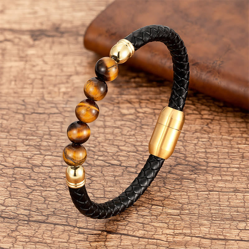 Buddha Stones Blue Agate Tiger Eye Lava Rock Black Onyx Lazurite Bead Protection Leather Bracelet - Tiger Eye - 18-22cm - image 24