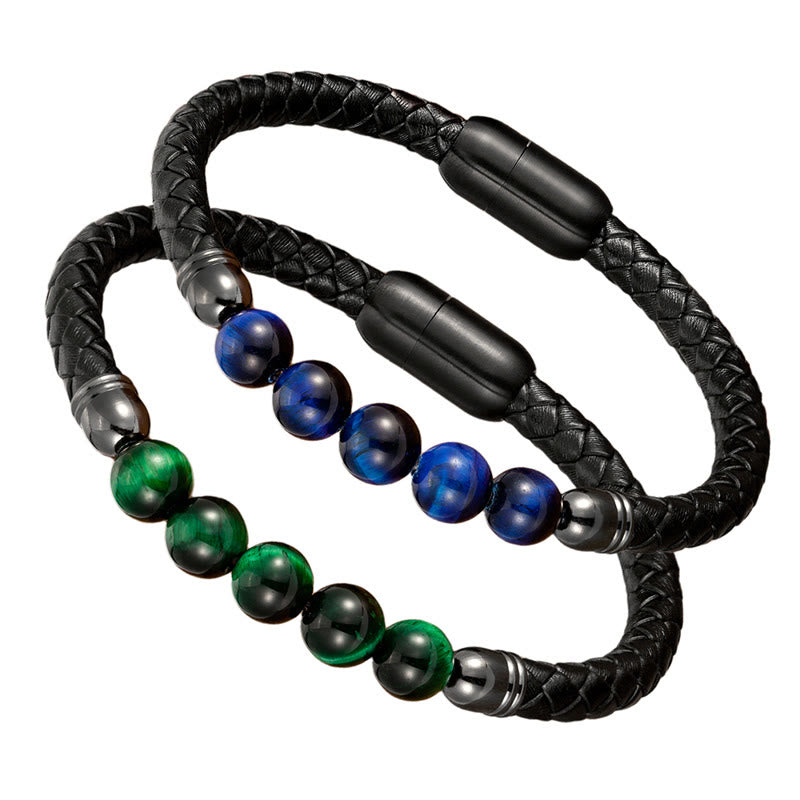 Buddha Stones Blue Agate Tiger Eye Lava Rock Black Onyx Lazurite Bead Protection Leather Bracelet - image 26
