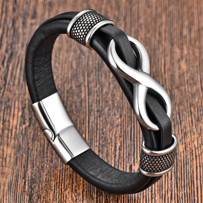 GRATUIT aujourd'hui : Bracelet en acier titane et cuir avec fermoir, motif infini et nœud sans fin