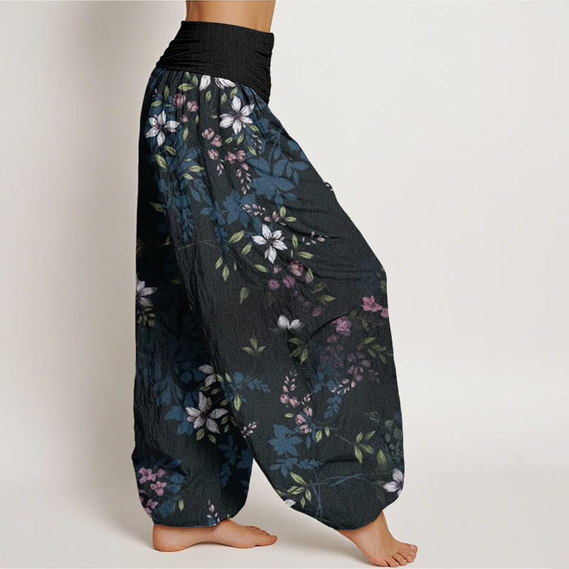 Buddha Stones Small White Blossoms Green Leaves Women's Elastic Waist Harem Pants - image 3