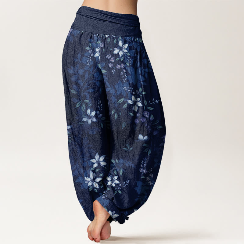 Buddha Stones Small White Blossoms Green Leaves Women's Elastic Waist Harem Pants - image 6