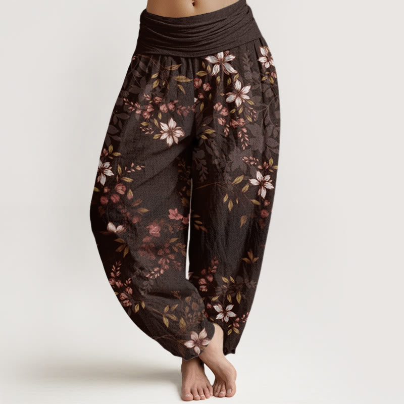 Buddha Stones Small White Blossoms Green Leaves Women's Elastic Waist Harem Pants - SaddleBrown - US22,UK/AU26,EU54 (6XL) - image 8