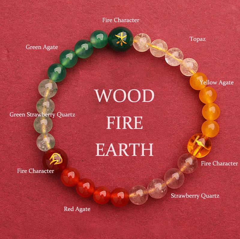 Buddha Stones Five Elements Various Agate Crystal Sun Stone Wisdom Bracelet Bracelet BS Wood Fire Earth(Wrist Circumference: 14-16cm) 6mm