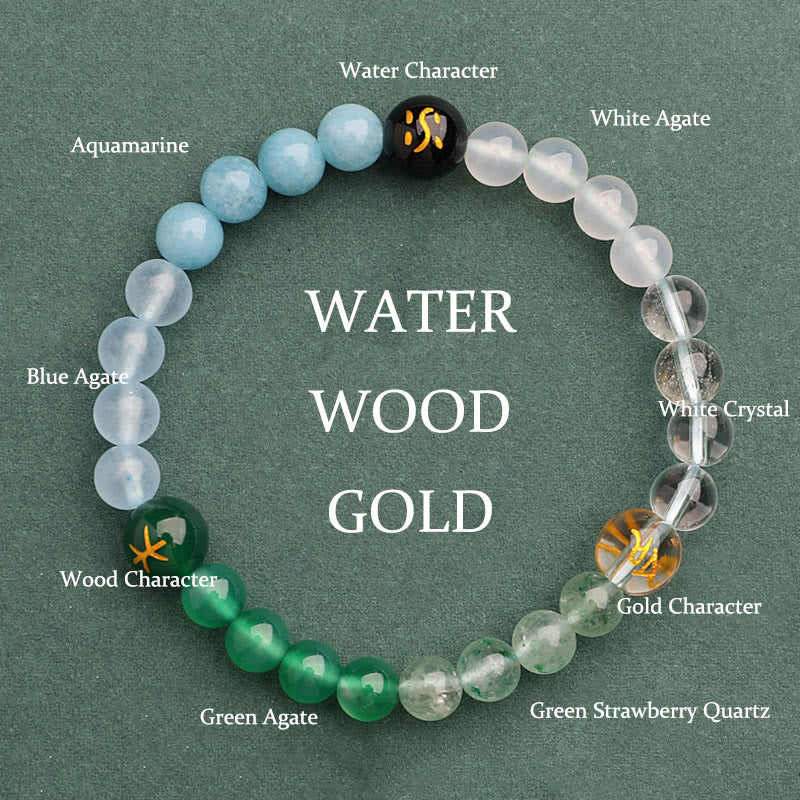Buddha Stones Five Elements Various Agate Crystal Green Strawberry Quartz Sun Stone Wealth Bracelet Bracelet BS Gold Water Wood(Wrist Circumference: 14-16cm) 6mm