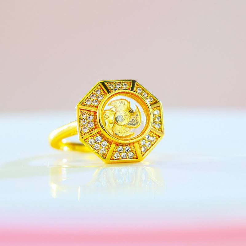Buddha Stones Gold Plated Copper Windmill Feng Sheng Shui Qi Luck Wealth Adjustable Ring Ring BS Gold Plated Copper Two Layers Synthetic Zirconium(Adjustable)