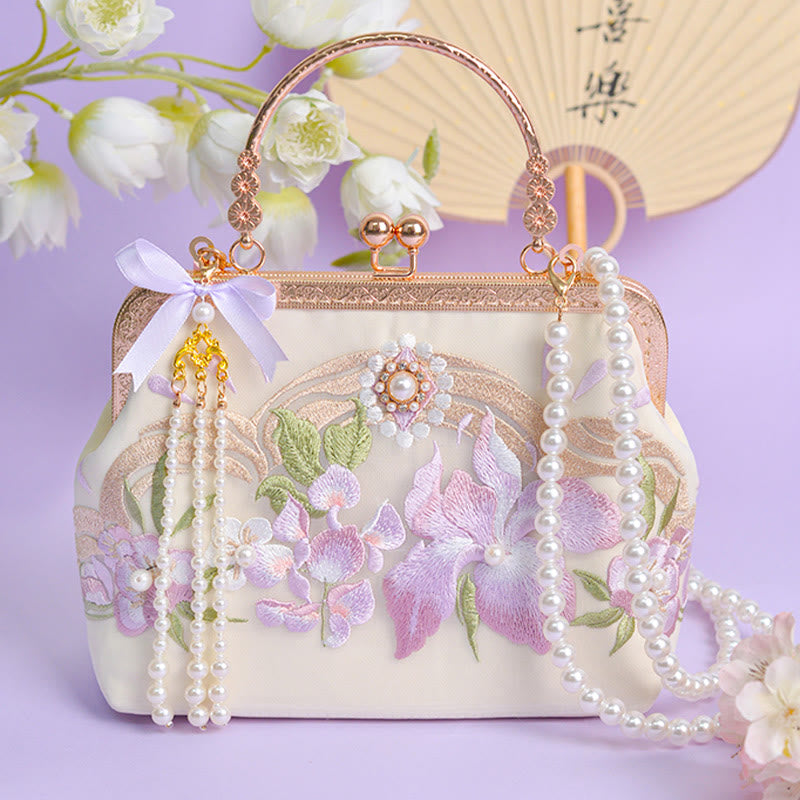 Buddha Stones Flowers Embroidered Tassel Pendant Pearl Metal Chain Crossbody Bag Handbags Crossbody Bag&Handbags BS 2