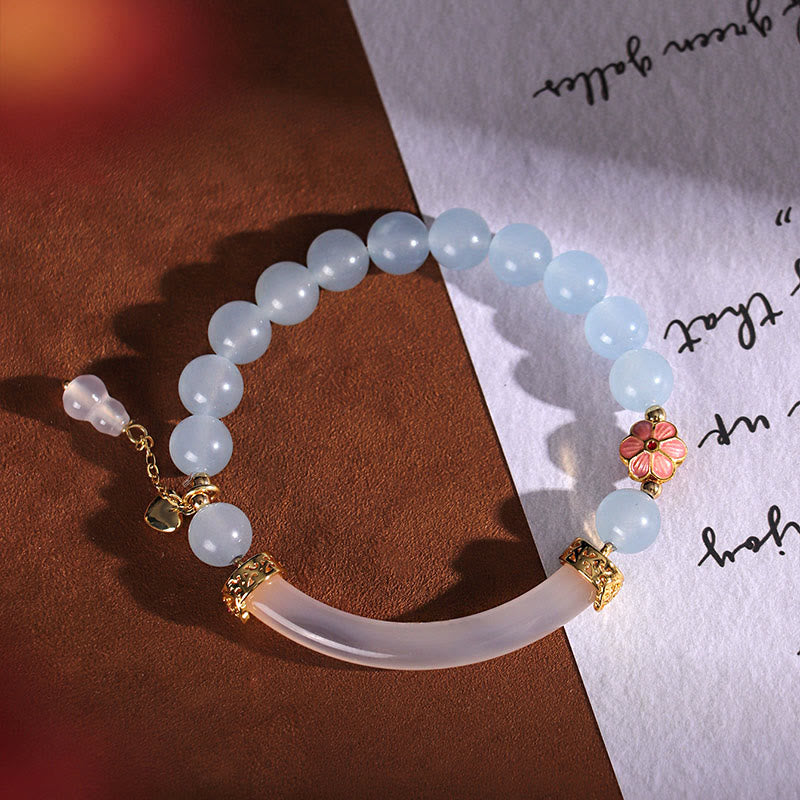 Buddha Stones Pink Crystal Blue Chalcedony Pearl Cuff Half Bracelet Bangle Bracelet BS 11