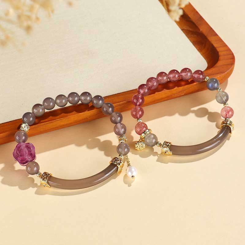 Buddha Stones Strawberry Quartz Labradorite Fluorite Pearl Cuff Half Bracelet Bangle Bracelet BS 3